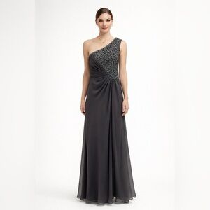 Vintage Aspeed One Shoulder Chiffon Gown Embellished Gray Medium Y2K Prom Chic